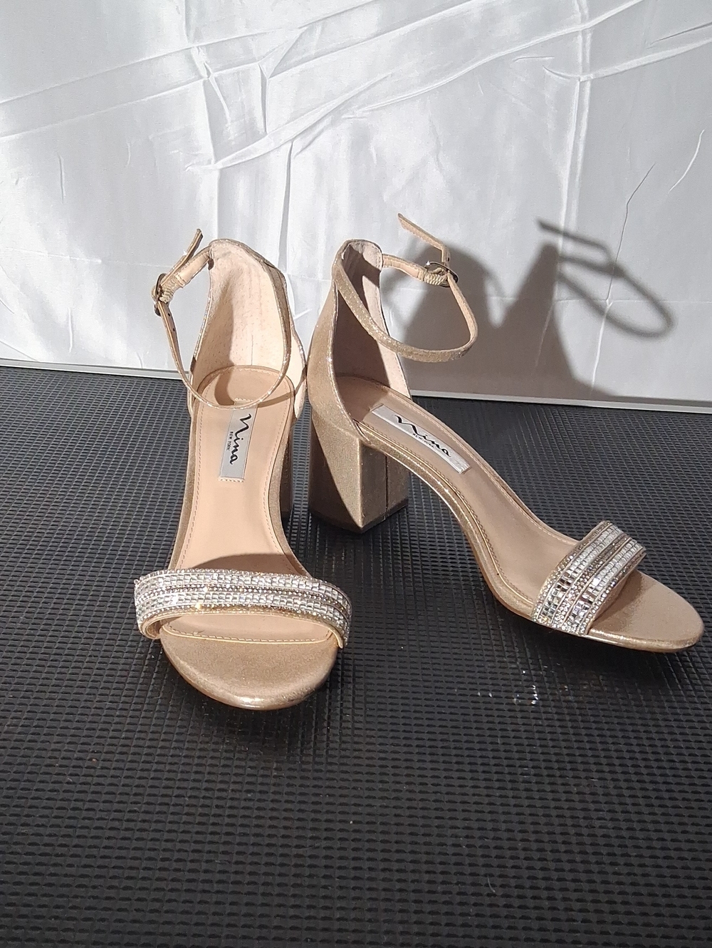 Nina Women's Champagne Rhinestone Ankle-Strap Block Heels